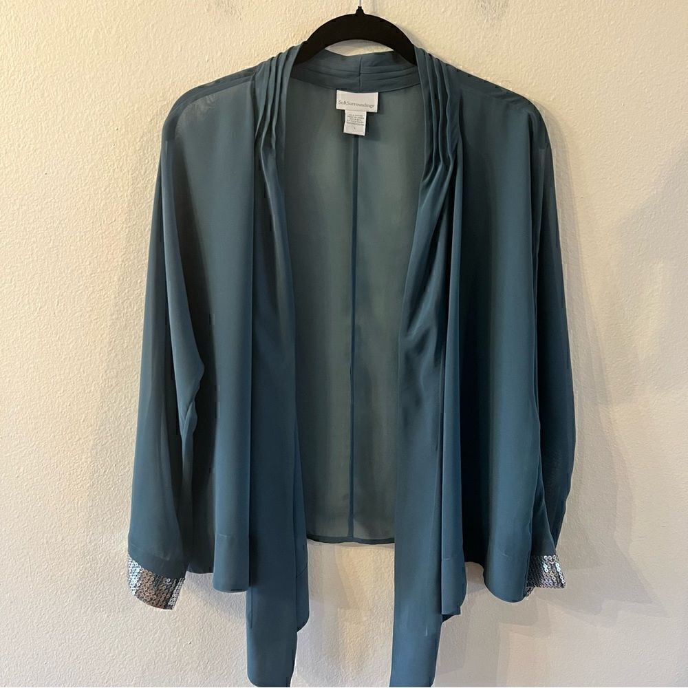 Soft Surroundings Cardigan Jacket Topper Sz Large Blue 3/4 Sleeves Sequin Sheer
